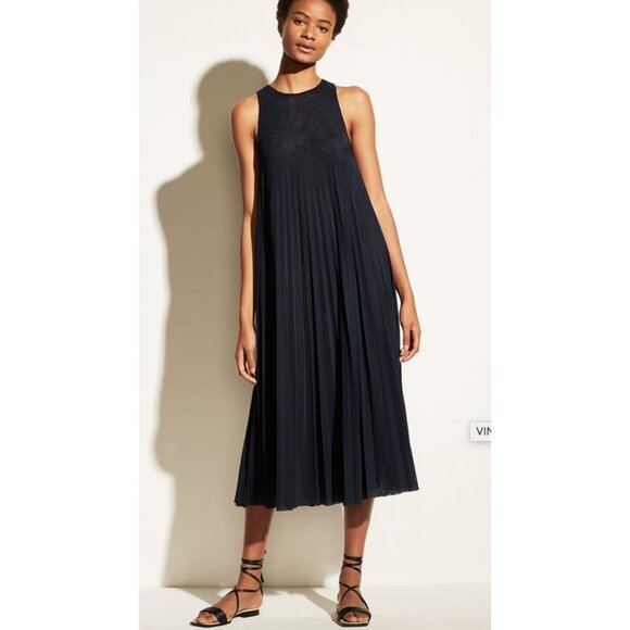 VINCE. High Neck Pleated Midi Dress Coastal Navy Blue Size XXS - Picture 1 of 6